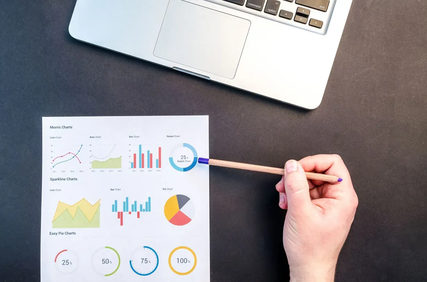A hand pointing a pencil at printed charts next to a laptop.