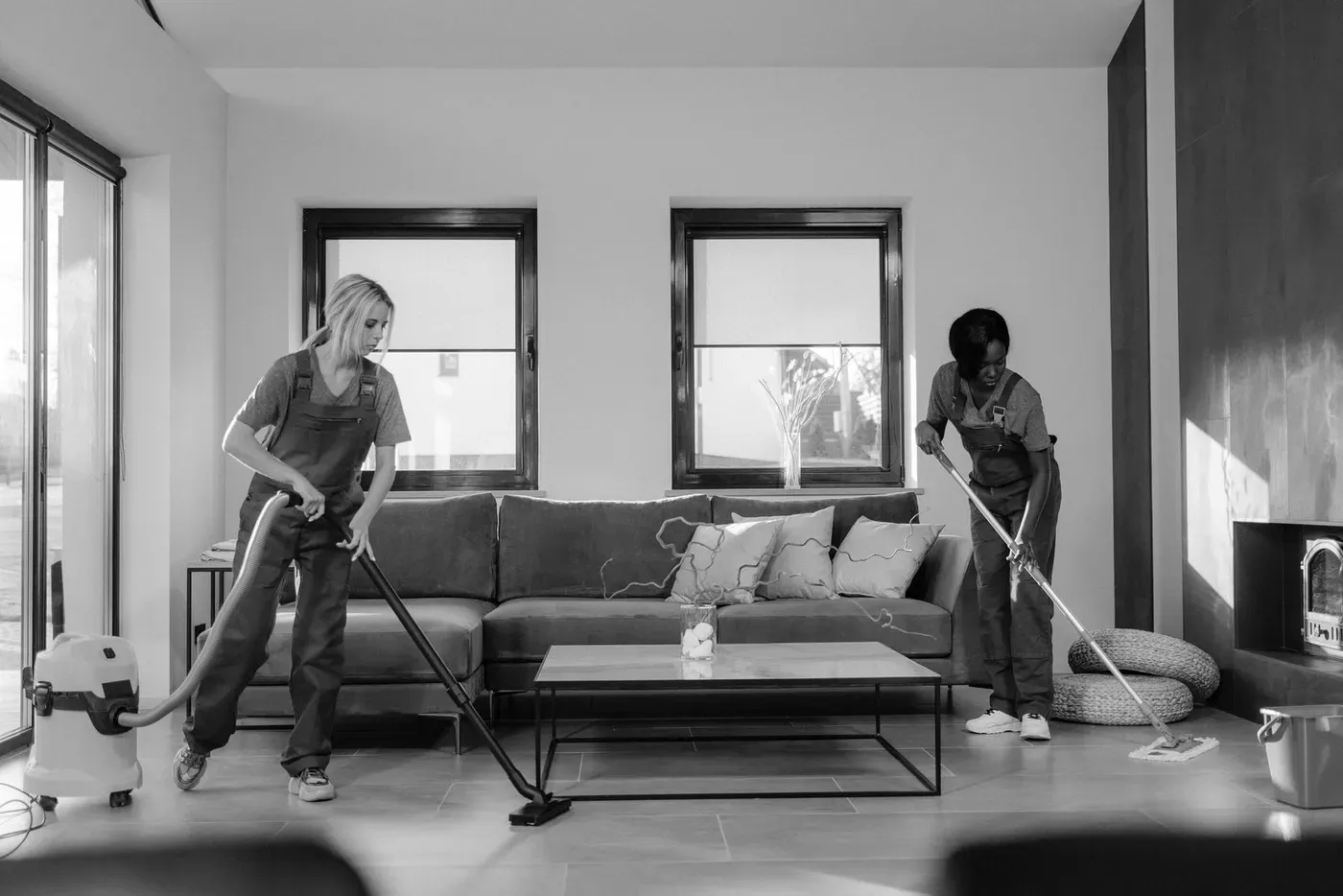 Two cleaners in overalls vacuuming and mopping the floor of a living room.