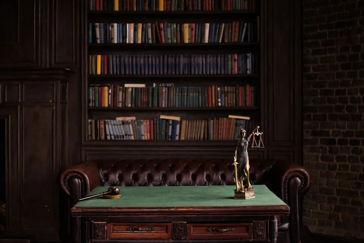A gavel and a small statue of Lady Justice on a green desk in front of bookshelves.