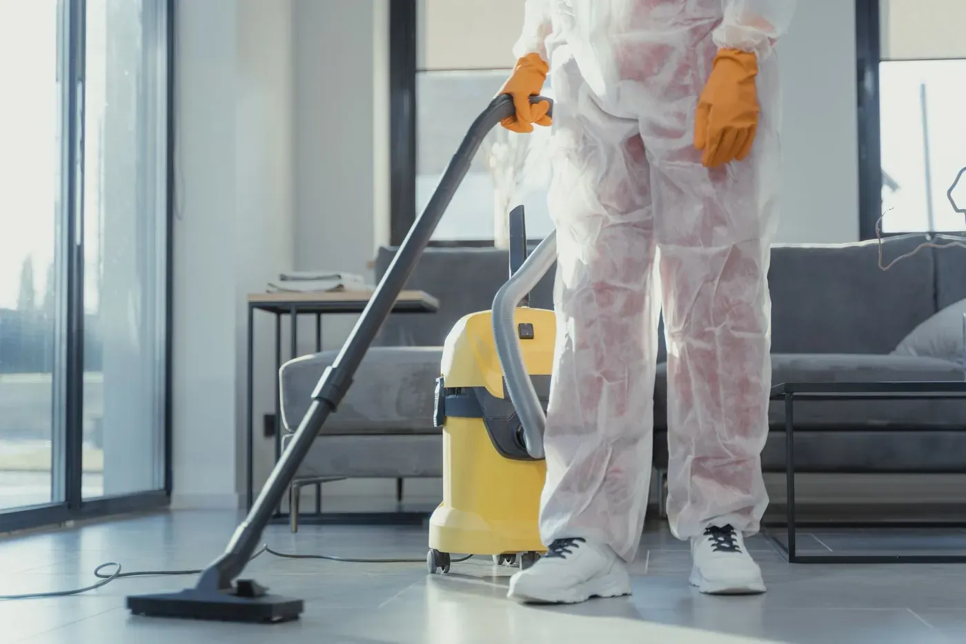 A cleaner in a protective suit and orange gloves vacuuming a tiled floor.