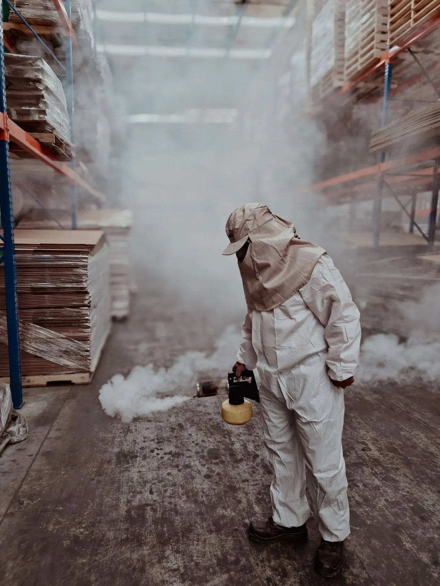 A worker in a white protective suit fogging the floor between warehouse racks.